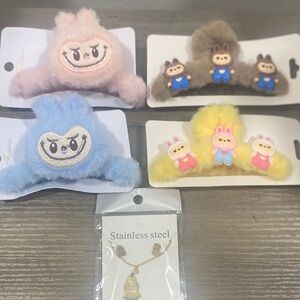 Cute Plush Character Hair Clip - Pink, Blue, Yellow, Brown bundle